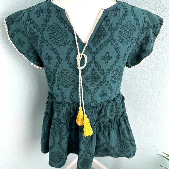 THML Blouse Size Small Emerald Green Peplum Pom Pom Trim Tassel Back Tie - Picture 7 of 10